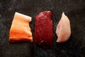 Fresh raw beef steak, chicken breast, and salmon fillet Royalty Free Stock Photo