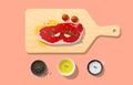 Fresh raw beef, strip loin steak and spices on wooden cutting board, food preparation