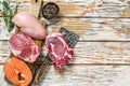 Fresh raw beef striploin steak, chicken breast fillet, pork and salmon steak. White wooden background. Top view. Copy space Royalty Free Stock Photo