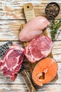 Fresh raw beef striploin steak, chicken breast fillet, pork and salmon steak. White wooden background. Top view Royalty Free Stock Photo