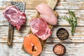 Fresh raw beef striploin steak, chicken breast fillet, pork and salmon steak. White wooden background. Top view Royalty Free Stock Photo