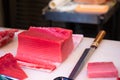 Fresh and raw big tuna fish was cut into pieces at the Tsukiji fish market, Japan..Fresh tuna Royalty Free Stock Photo