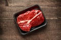 Fresh Raw braising steak on black tray Royalty Free Stock Photo