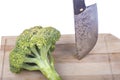 Fresh raw broccoli, cutting board made of wood on a white background. a large knife for cutting in the kitchen