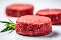 Fresh raw burger patties on a white background, created by Generative AI Royalty Free Stock Photo
