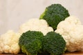 Fresh, raw cauliflower, white and broccoli close-up.