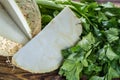 Fresh raw celeriac root head and celery green crisp petiole, ing