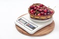 FRESH RAW CHERRIES WOODEN BASKET DIGITAL SCALE