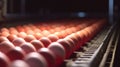 Fresh and raw chicken eggs are moved on a conveyor belt Royalty Free Stock Photo