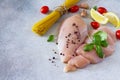 Fresh raw chicken fillet with spices and pasta on gray concrete, stone or slate.