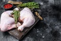 Fresh raw chicken legs on a cutting board. Black background. Top view. Copy space Royalty Free Stock Photo