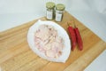 Fresh Raw Chicken Skin on a White plate and seasoning Royalty Free Stock Photo