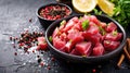Fresh raw and chopped tuna meat with sauce and spices Royalty Free Stock Photo