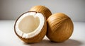 Fresh raw coconut. three coconuts, one of them open on a gray background. Coconut half Royalty Free Stock Photo