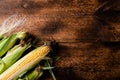 Fresh raw corn cobs on a dark wooden background. Healthy food, vegetarianism concept. Place to insert text Royalty Free Stock Photo