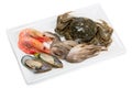 Fresh raw crab, small octopus, shrimp and mussels Royalty Free Stock Photo