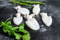 Fresh raw cuttlefish with rosemary and parsley. Black background. Top view Royalty Free Stock Photo