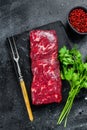 Fresh raw denver beef marble meat steak. Black background. Top view