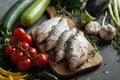 Fresh raw dorada fish on a wooden board with a set of vegetables on a black table Royalty Free Stock Photo