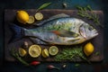 Fresh raw dorado fish with spices, herbs, salt and lemon on wooden table. Top view. Ai generated art