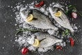 Fresh raw dorado fishes with spices, lemon, pepper, rosemary on ice over dark stone background. Creative layout made of fish, Royalty Free Stock Photo