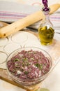 Fresh raw dough and beef forcemeat Royalty Free Stock Photo