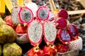 Fresh raw dragon fruit on open market. Healthy and food concept. Tropical fruits display at a farmers market Royalty Free Stock Photo