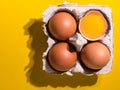 Uncooked yolks top view photography. Chicken raw eggs. Fresh food.