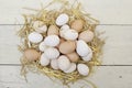 Fresh raw eggs in hen nest. Royalty Free Stock Photo