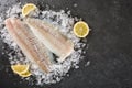 Fresh raw fillet white fish Pangasius with spices on ice over dark stone background.  Seafood, top view, flat lay, copy space Royalty Free Stock Photo