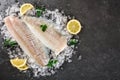 Fresh raw fillet white fish Pangasius with spices on ice over dark stone background.  Seafood, top view, flat lay, copy space Royalty Free Stock Photo