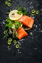 Fresh raw fish fillet cut into portions with lemon slices, rosemary, parsley, salt and pepper on black stone background Royalty Free Stock Photo