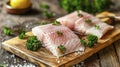 A Fresh Raw Fish Fillet with a Sprinkle of Parsley Awaiting Culinary Magic on a Wooden Surface Royalty Free Stock Photo