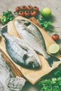 Fresh raw fish, tomatoes, lime, parsley on grey concrete background.