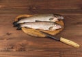 Fresh raw fish trout is two pieces on the board Royalty Free Stock Photo