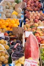 Fresh raw fruits in baskets at street market Royalty Free Stock Photo