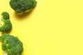 Fresh raw green broccoli on yellow background. Healthy vegetables, diet vegan organic food, vitamins. Creative food Royalty Free Stock Photo