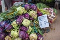 Fresh raw green and purple kohlrabi cabbage for sale on farmers market