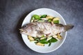 Fresh raw grouper fish on plate with herbs and spices for cooked food seafood steamed fish Royalty Free Stock Photo