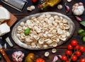 Fresh raw  italian pasta orecchiette, vegetables, herbs and olive oil Royalty Free Stock Photo