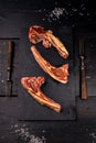 Fresh raw lamb ribs. Halal meat. Raw meat. Lamb rack on a dark rustic background. Salt and spices. Halal food still life Royalty Free Stock Photo