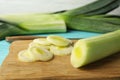 Fresh raw leek on cutting board, closeup. onion