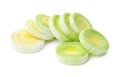 Fresh raw leek slices on white. Ripe onion Royalty Free Stock Photo