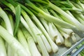 Green onion display to sell in the supermarket. Natural and fresh green onion and sleek on vegetable stall