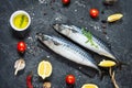 Fresh raw mackerel with lemon and spices on a black stone background Royalty Free Stock Photo