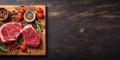 Fresh raw meat beef steaks on wooden board, top view, text copy space, view from above, Red meat steaks, Royalty Free Stock Photo