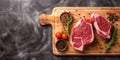 Fresh raw meat beef steaks on wooden board, top view, text copy space, view from above