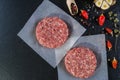 Fresh raw meat burger cutlet on the black slate board with herbs and spices for background. Royalty Free Stock Photo