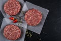 Fresh raw meat burger cutlet on the black slate board with herbs and spices for background. Royalty Free Stock Photo