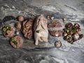 Fresh raw meat. Different types of raw pork meat, chicken, beef, turkey giblets with herbs on dark marble, copy space Royalty Free Stock Photo